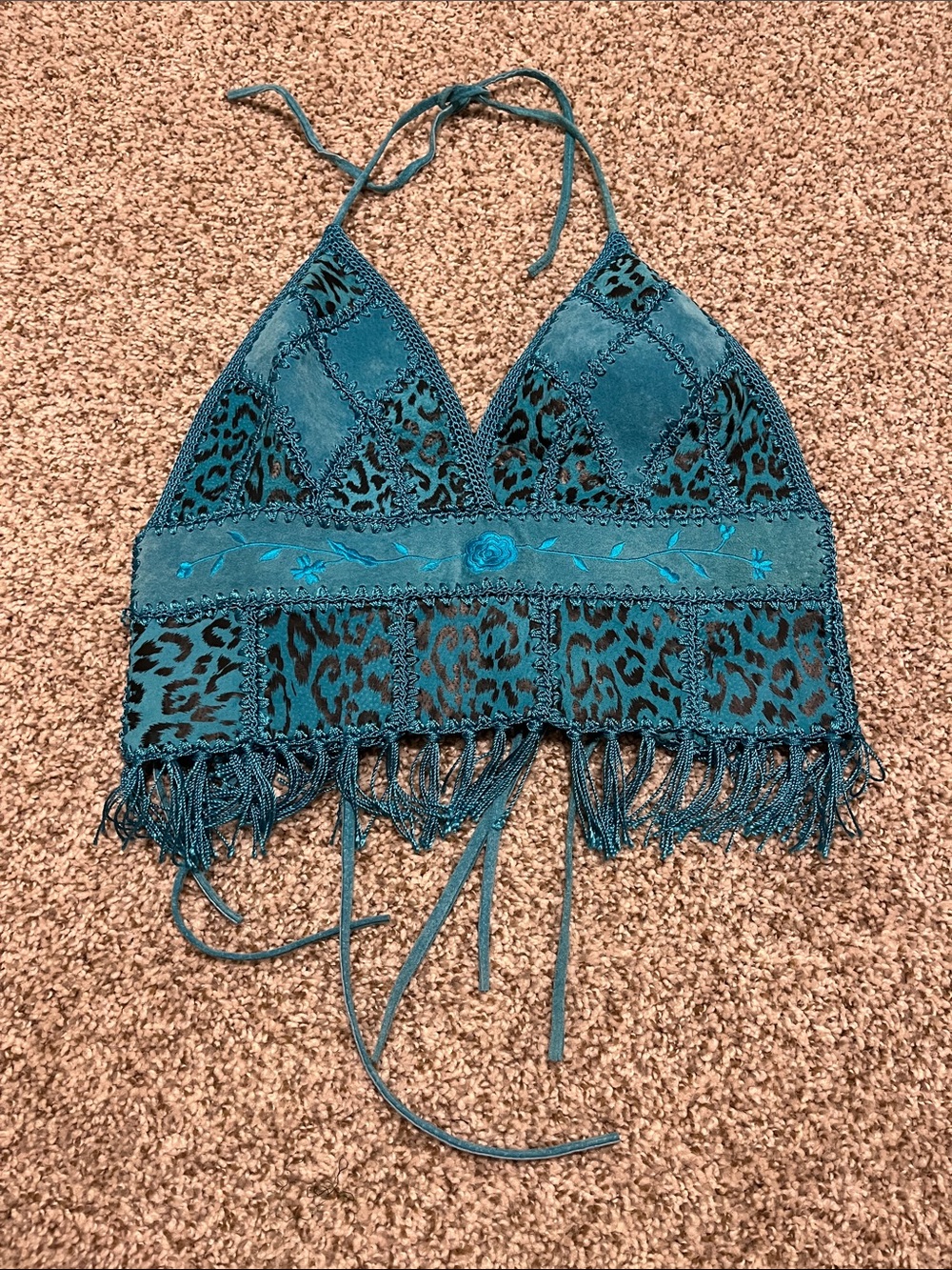 S.M.H. Vintage Teal Leopard-Panel Leather Halter Fringe Crop Top